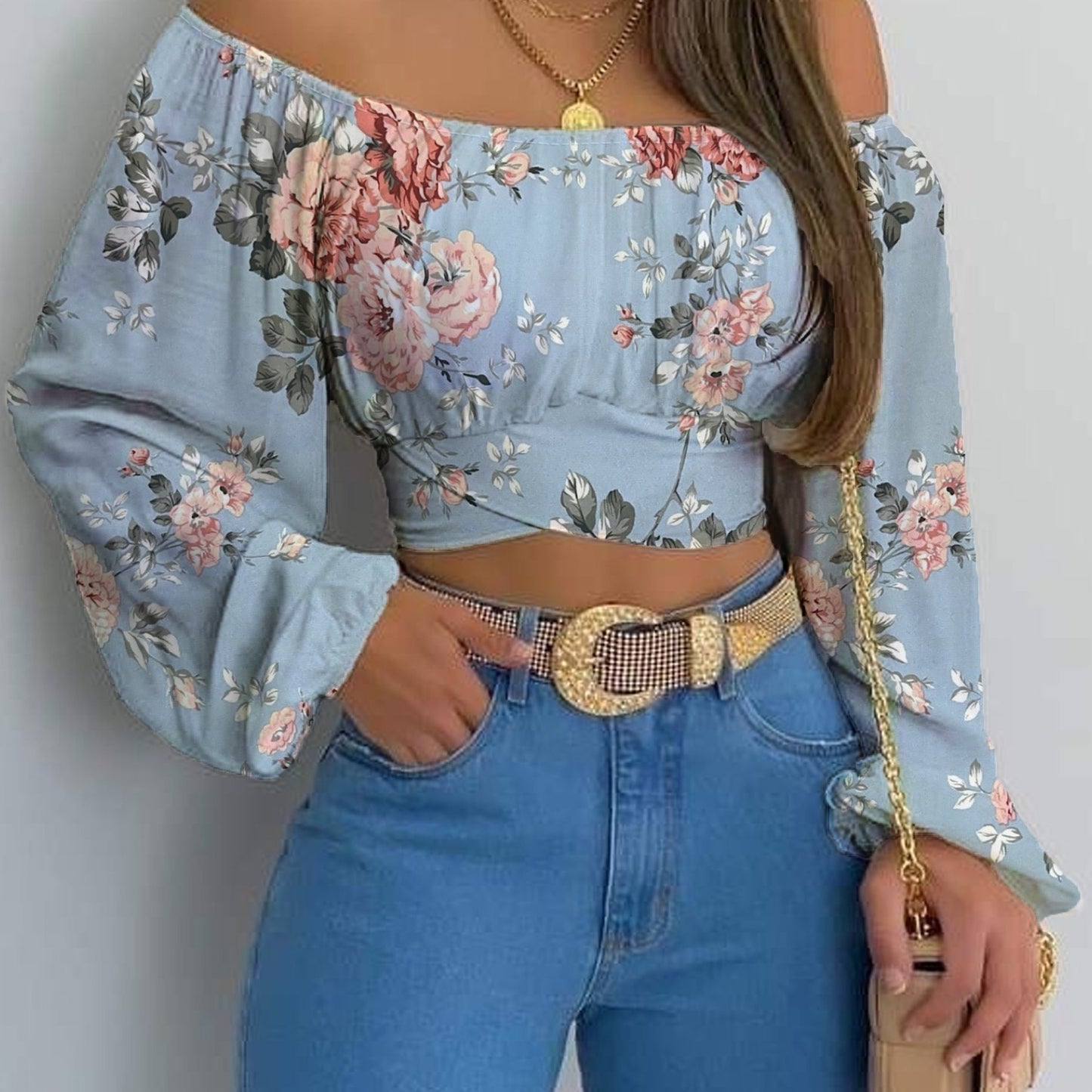 Flora Print Off Shoulder Crop Blouse, Elegant Tie Back Lantern Sleeve Blouse For Spring & Fall, Women's Clothing