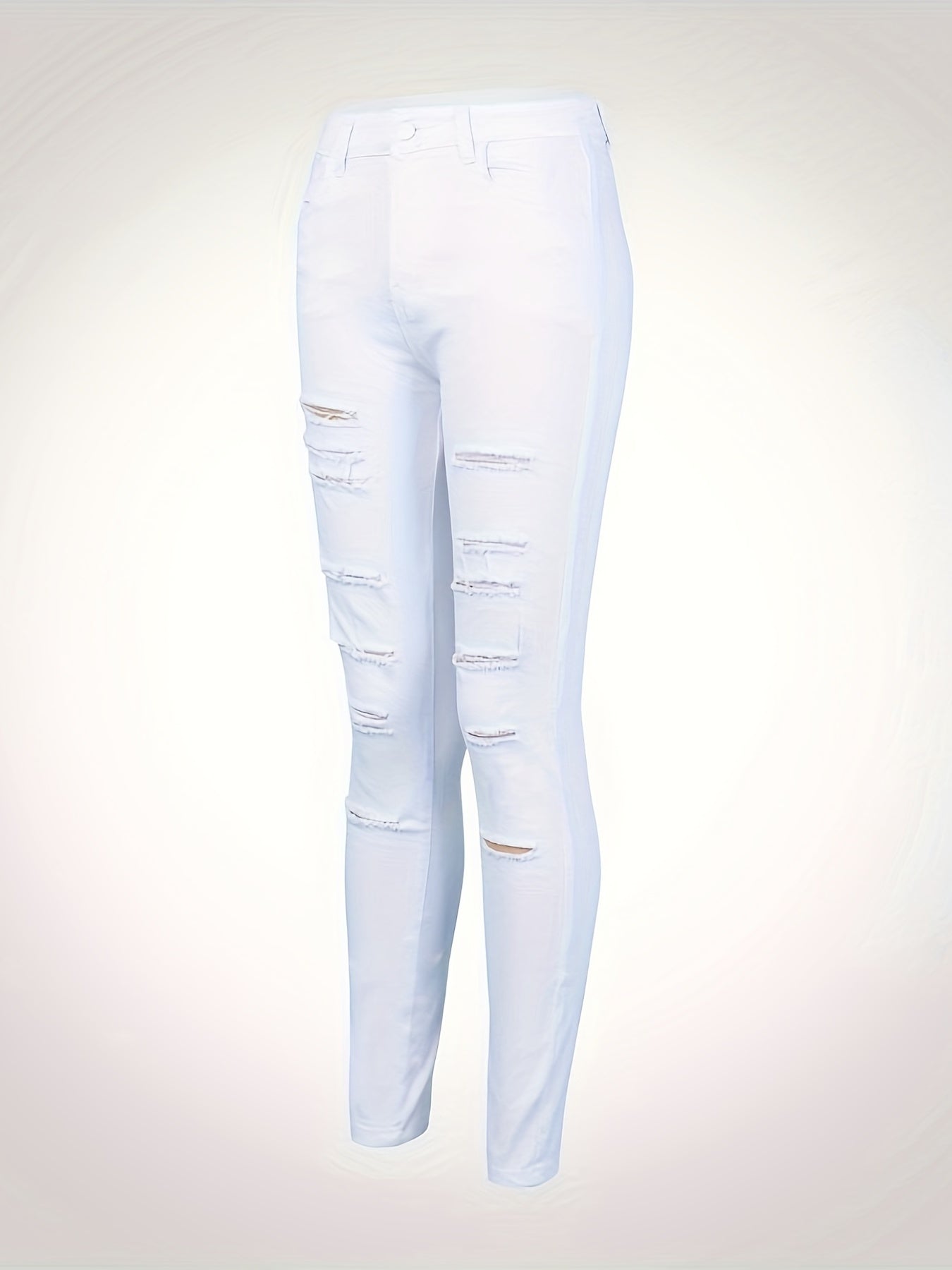 White Ripped Holes Straigh Jeans, Slash Pockets Distressed Non-Stretch Denim Pants, Women's Denim Jeans & Clothing