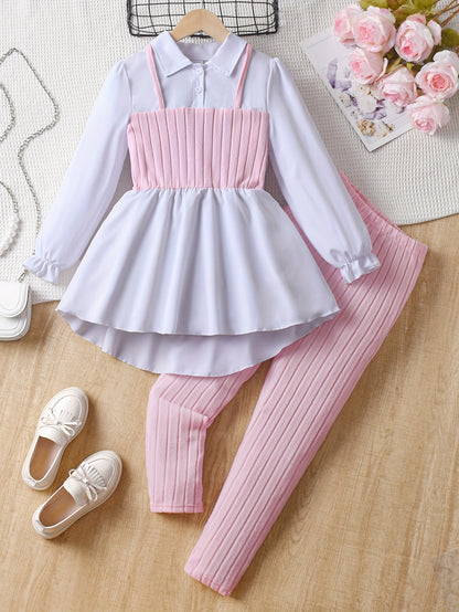 2pcs Solid Color Elegant Long-Sleeve Blouse Top + Comfy Slim Pants Set - Stylish & Casual Outfit for Girls Spring Fall Outdoor Gift