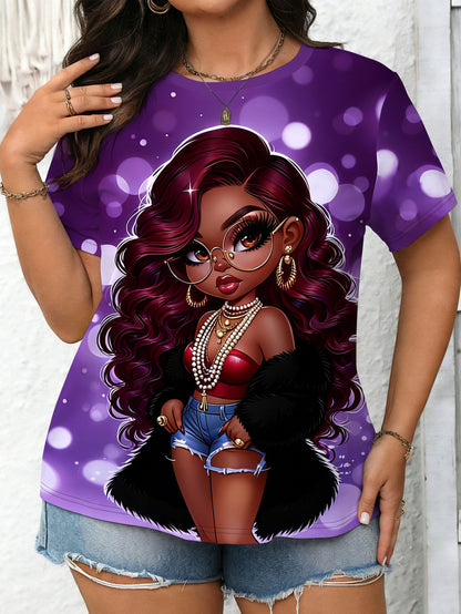 Plus-size Women'S T-shirt in Purple Tones | Trendy and Cool Style, Fully Printed, Crew Neck, Short Sleeves, Soft and Comfortable Fabric, Machine Washable, Suitable for Casual Wear in All Seasons or as a Gift