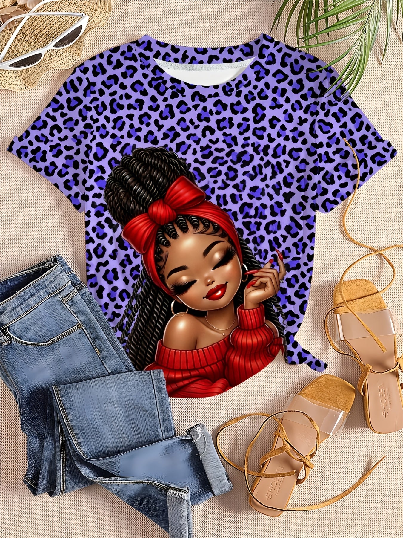Ladies' Digital Printed Short Sleeved Shirt, Artistic Style "leopard Print Trendy " Themed Printed Short Sleeved T-shirt, Plus Size Ladies' Casual Round Neck T-shirt, The Picture Shows A Unique Style Of Trendy Image, Fully Pr