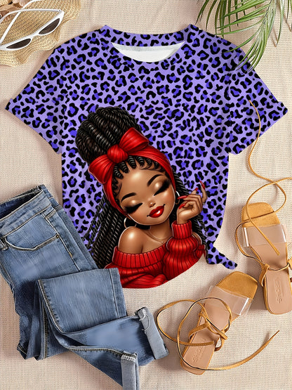 Ladies' Digital Printed Short Sleeved Shirt, Artistic Style "leopard Print Trendy " Themed Printed Short Sleeved T-shirt, Plus Size Ladies' Casual Round Neck T-shirt, The Picture Shows A Unique Style Of Trendy Image, Fully Pr