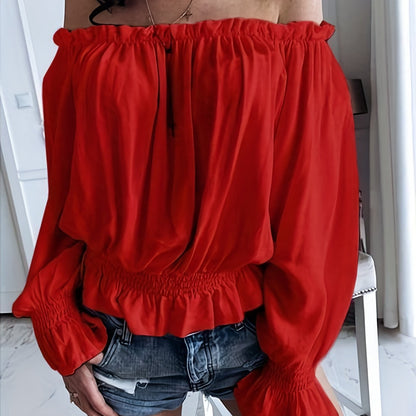 Chic Off Shoulder Ruffle Trim Blouse - Soft Micro Elastic Polyester Fabric, Shirred Details, Solid Color, Casual Long Sleeve Top for Women - Perfect for Spring, Fall, and Summer
