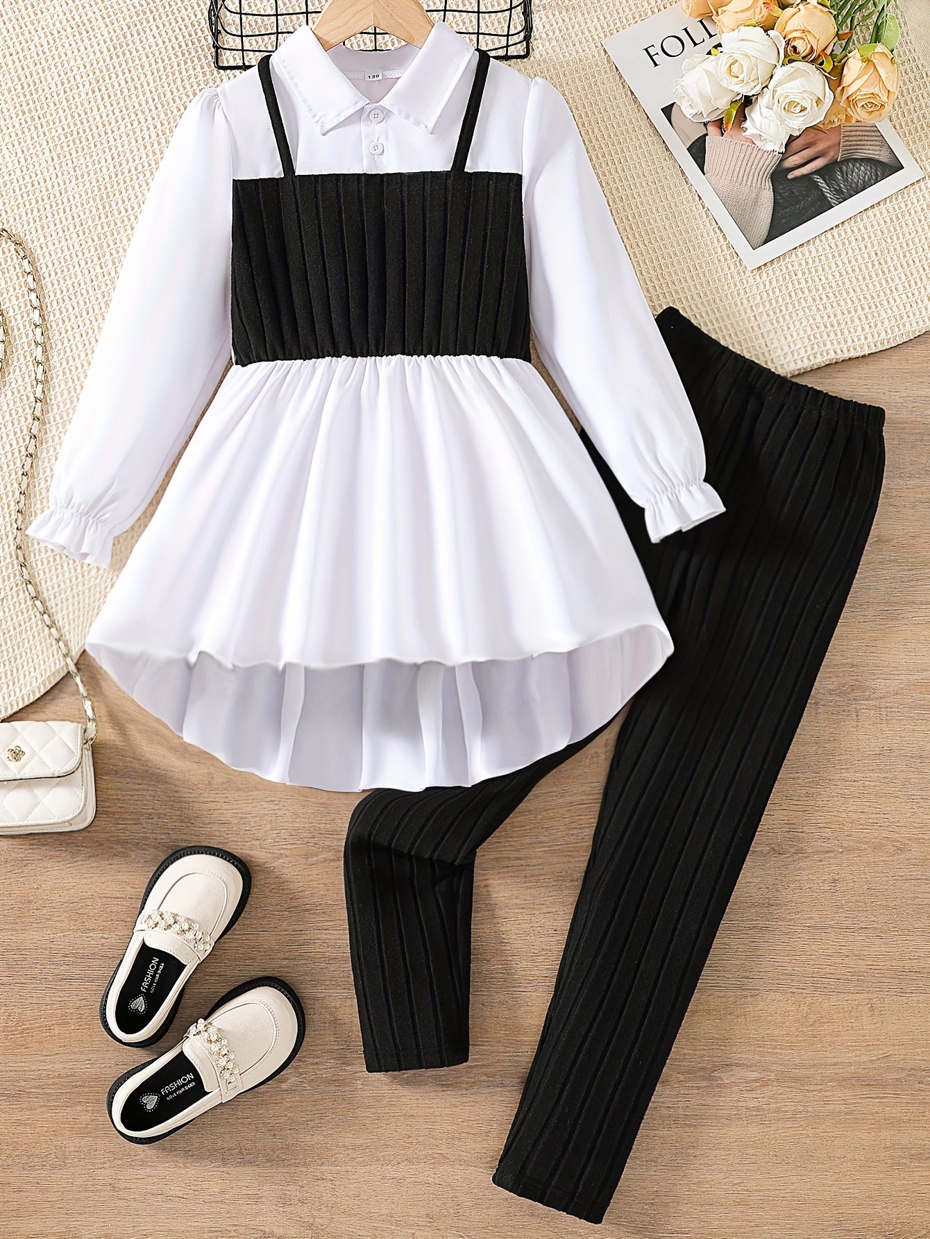 2pcs Solid Color Elegant Long-Sleeve Blouse Top + Comfy Slim Pants Set - Stylish & Casual Outfit for Girls Spring Fall Outdoor Gift