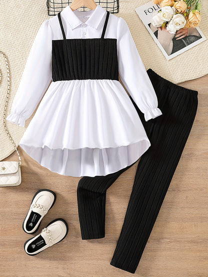 2pcs Solid Color Elegant Long-Sleeve Blouse Top + Comfy Slim Pants Set - Stylish & Casual Outfit for Girls Spring Fall Outdoor Gift