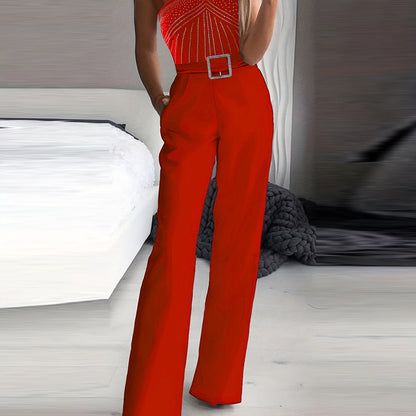 Rhinestone Embellished Wide Leg Jumpsuit - Sleeveless, Halter Neck, Slim Waist, Cut Out, Micro Elasticity, Polyester Fabric - Hand Wash, Summer Casual Wear for Women