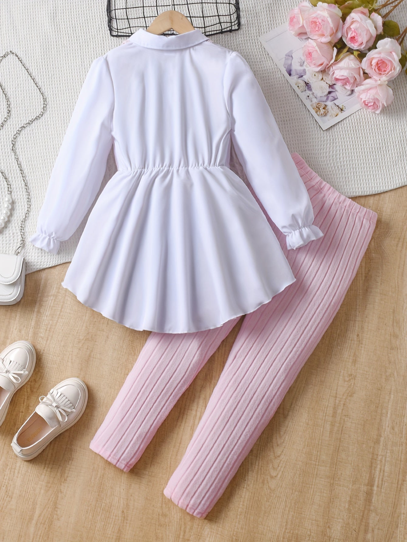 2pcs Solid Color Elegant Long-Sleeve Blouse Top + Comfy Slim Pants Set - Stylish & Casual Outfit for Girls Spring Fall Outdoor Gift