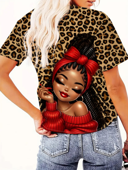 Ladies' Digital Printed Short Sleeved Shirt, Artistic Style "leopard Print Trendy " Themed Printed Short Sleeved T-shirt, Plus Size Ladies' Casual Round Neck T-shirt, The Picture Shows A Unique Style Of Trendy Image, Fully Pr