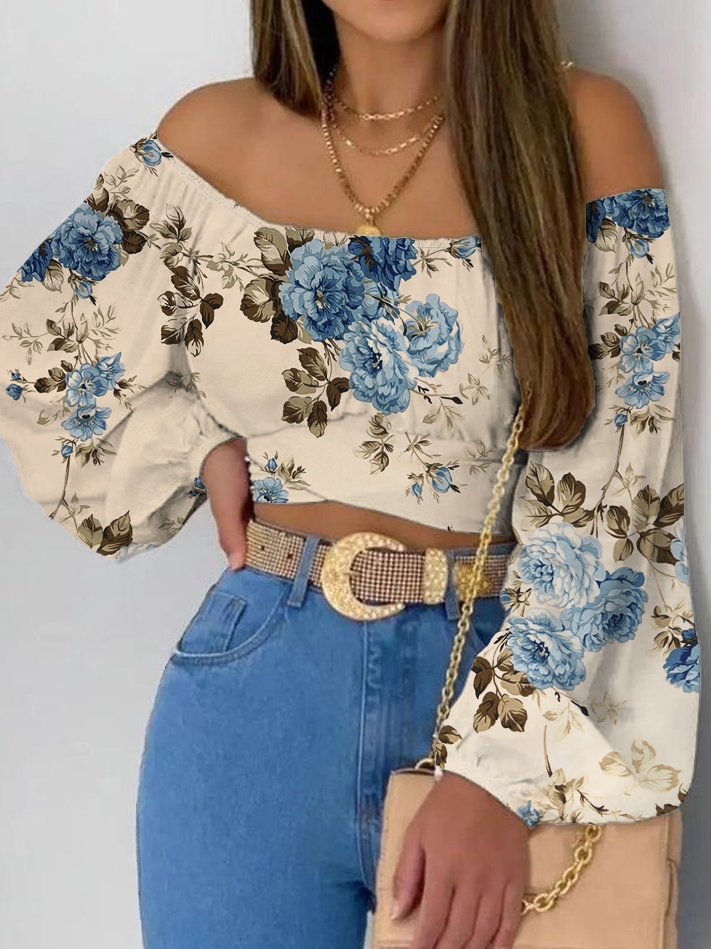 Flora Print Off Shoulder Crop Blouse, Elegant Tie Back Lantern Sleeve Blouse For Spring & Fall, Women's Clothing