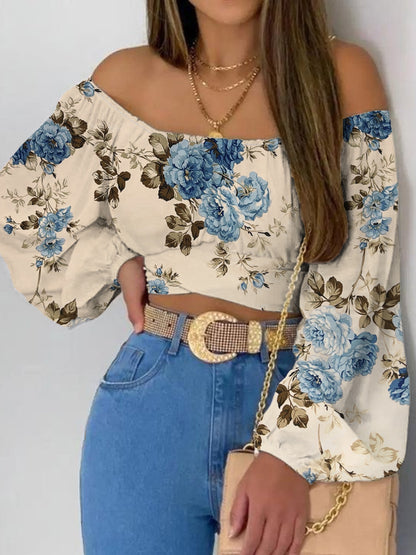 Flora Print Off Shoulder Crop Blouse, Elegant Tie Back Lantern Sleeve Blouse For Spring & Fall, Women's Clothing