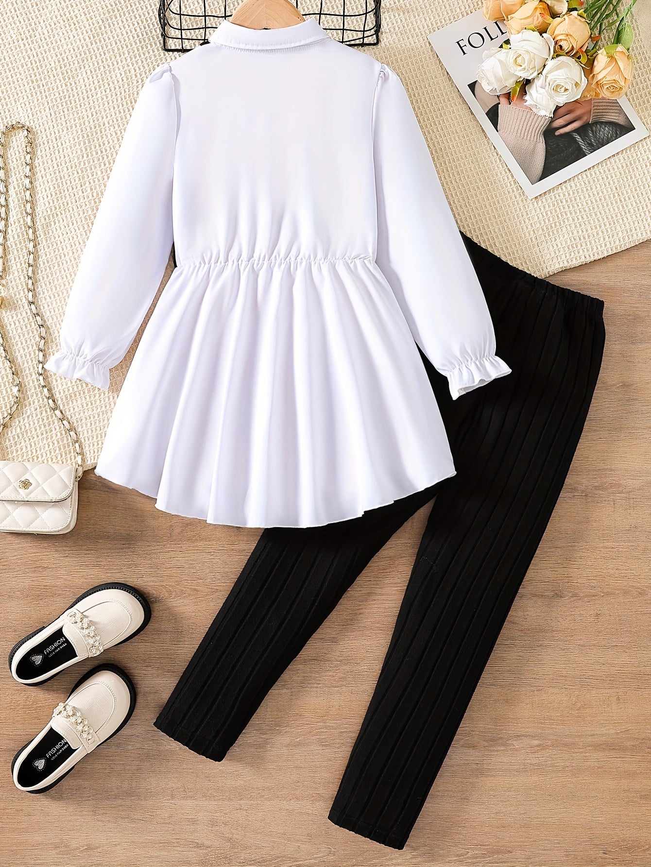 2pcs Solid Color Elegant Long-Sleeve Blouse Top + Comfy Slim Pants Set - Stylish & Casual Outfit for Girls Spring Fall Outdoor Gift