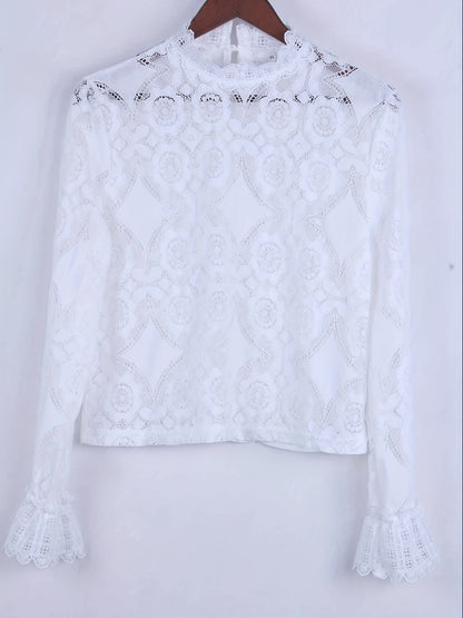 Floral Pattern Lace Blouse, Elegant Long Sleeve Top, Women's Clothing