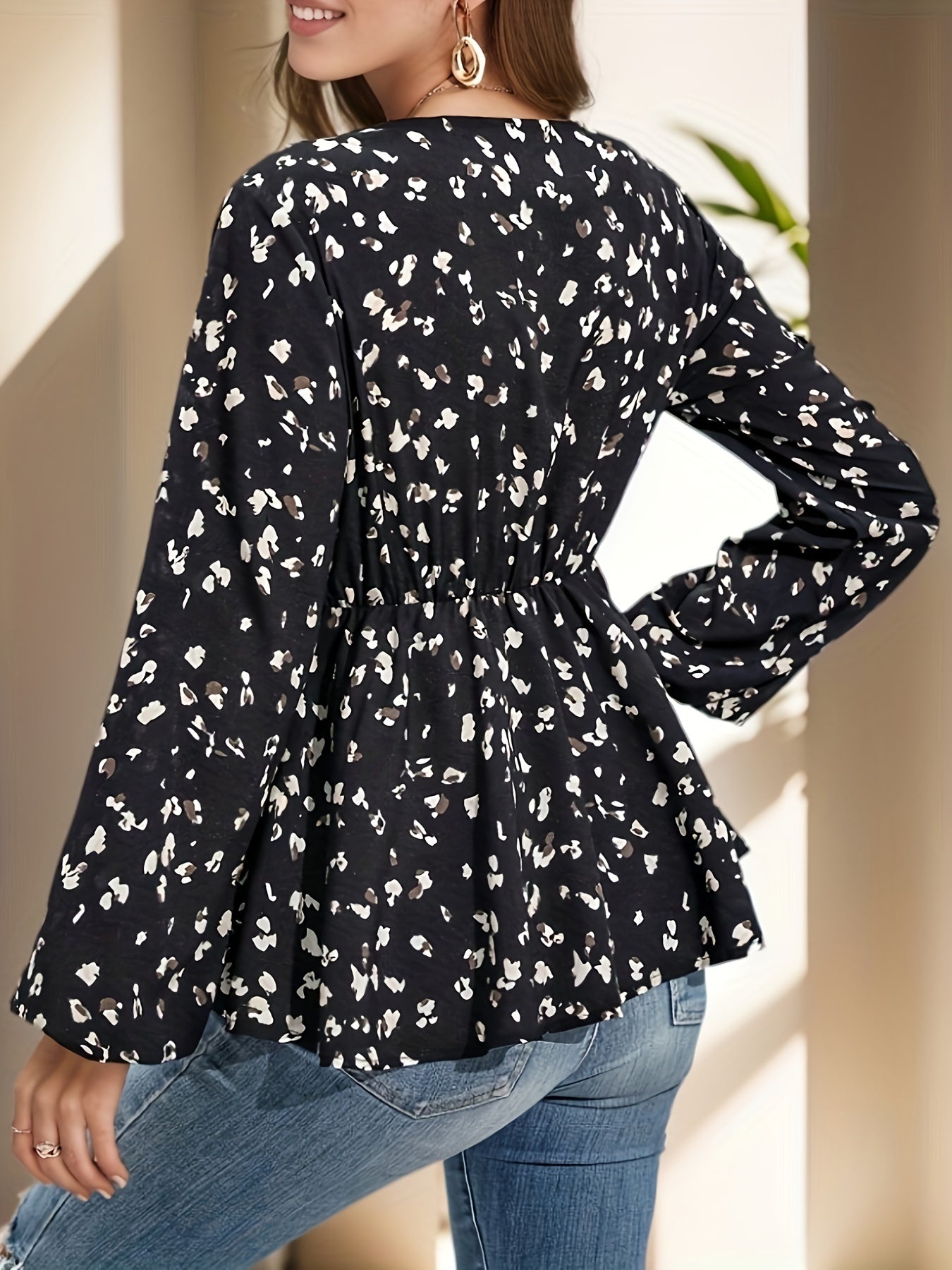 Floral Print Surplice Neck Blouse, Elegant Tie Waist Lantern Sleeve Blouse For Spring & Fall, Women's Clothing