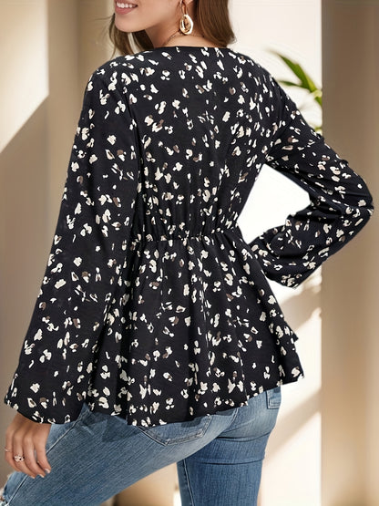 Floral Print Surplice Neck Blouse, Elegant Tie Waist Lantern Sleeve Blouse For Spring & Fall, Women's Clothing