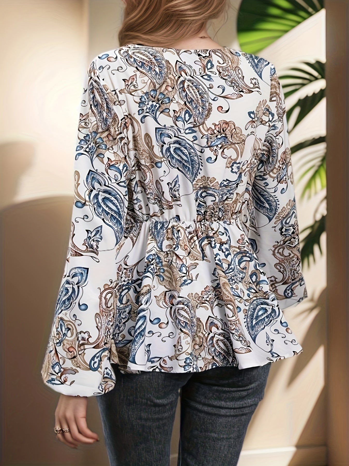 Floral Print Surplice Neck Blouse, Elegant Tie Waist Lantern Sleeve Blouse For Spring & Fall, Women's Clothing