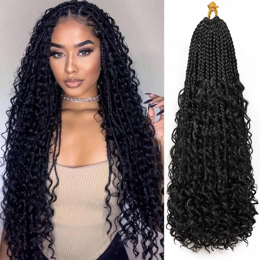 Goddess Boho Box Braids Crochet Hair with Curly Ends 1PCS Synthetic Pre-Looped