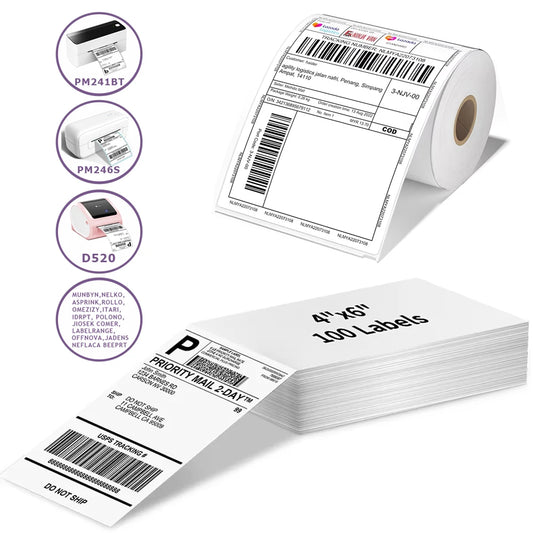 Phomemo A6 4x6inch Direct Thermal Labels 100 Labels Per stacked - shipping label FanFold Paper For PM-241BT/D520 Waybill Printer