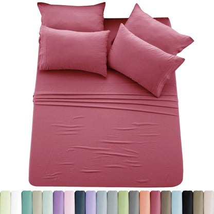 Lux Décor 6pc Solid Sheet Set - Brushed Microfiber Bed Sheets 16 Inches Deep Pockets - Embroidered & Plain Pillowcases