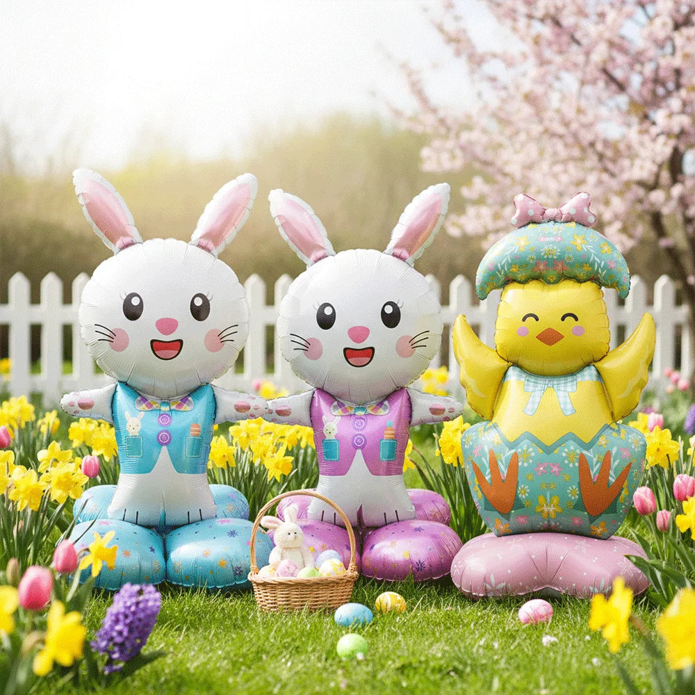 2Pcs Self Standing Easter Bunny Balloons Giant Bunny Carrot Chick Foil Balloon Easter Egg Decoration Home Holiday Party Supplies