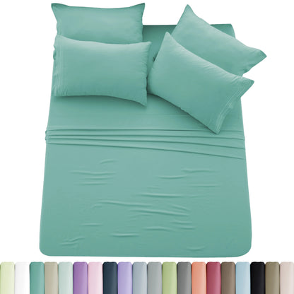 Lux Décor 6pc Solid Sheet Set - Brushed Microfiber Bed Sheets 16 Inches Deep Pockets - Embroidered & Plain Pillowcases