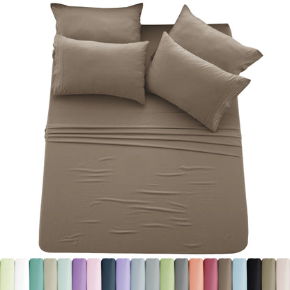 Lux Décor 6pc Solid Sheet Set - Brushed Microfiber Bed Sheets 16 Inches Deep Pockets - Embroidered & Plain Pillowcases