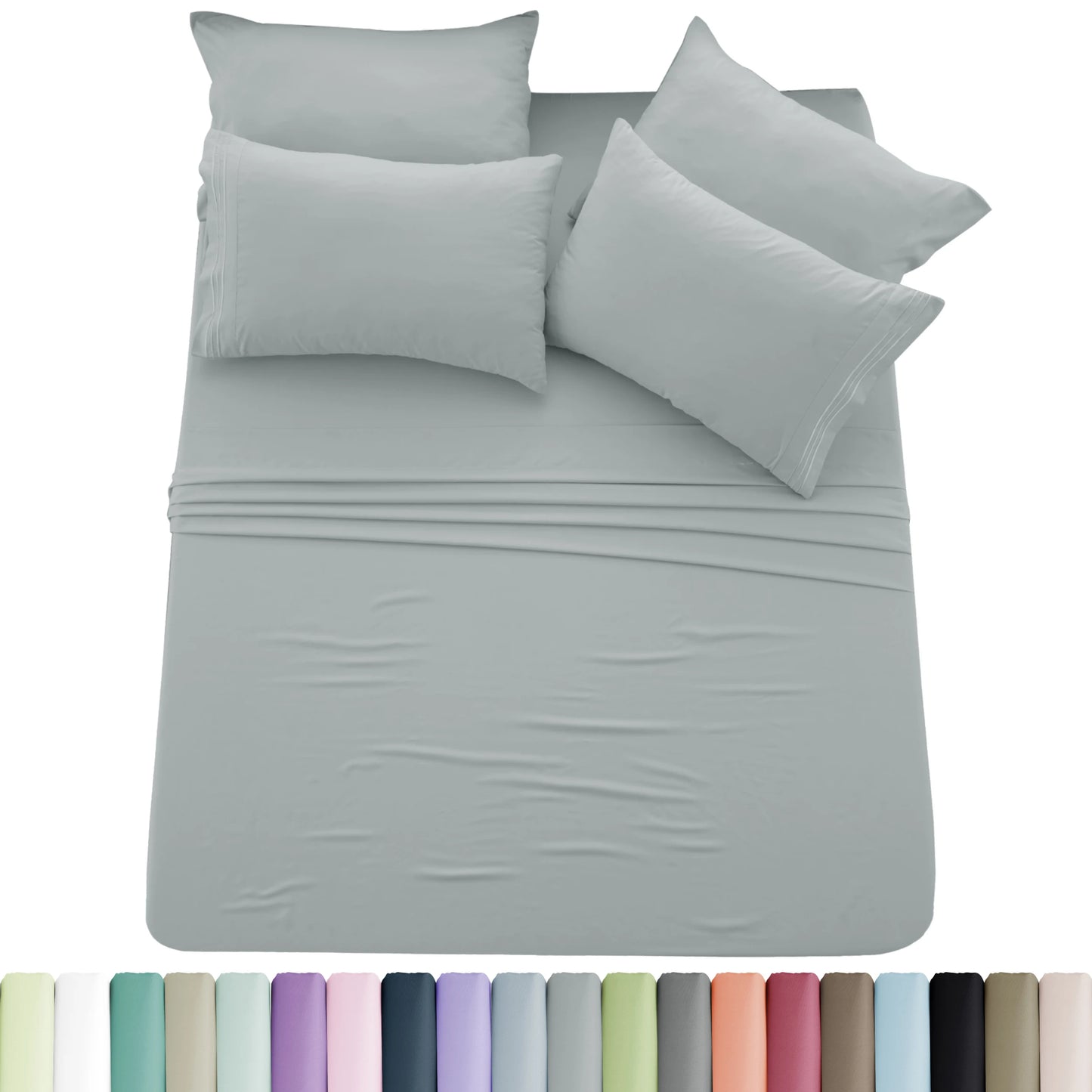 Lux Décor 6pc Solid Sheet Set - Brushed Microfiber Bed Sheets 16 Inches Deep Pockets - Embroidered & Plain Pillowcases