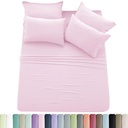 Lux Décor 6pc Solid Sheet Set - Brushed Microfiber Bed Sheets 16 Inches Deep Pockets - Embroidered & Plain Pillowcases