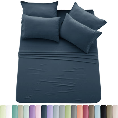 Lux Décor 6pc Solid Sheet Set - Brushed Microfiber Bed Sheets 16 Inches Deep Pockets - Embroidered & Plain Pillowcases
