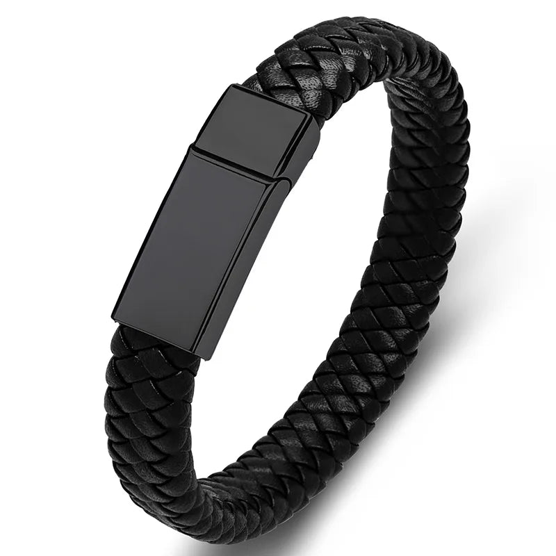 Personalized Black Leather Explorer Bracelet For Men Custom Engraved Name Date Strong Magnetic Clasps Bracelet Father's Day Gift