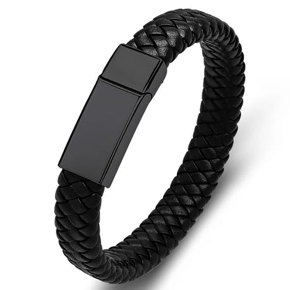 Personalized Black Leather Explorer Bracelet For Men Custom Engraved Name Date Strong Magnetic Clasps Bracelet Father's Day Gift