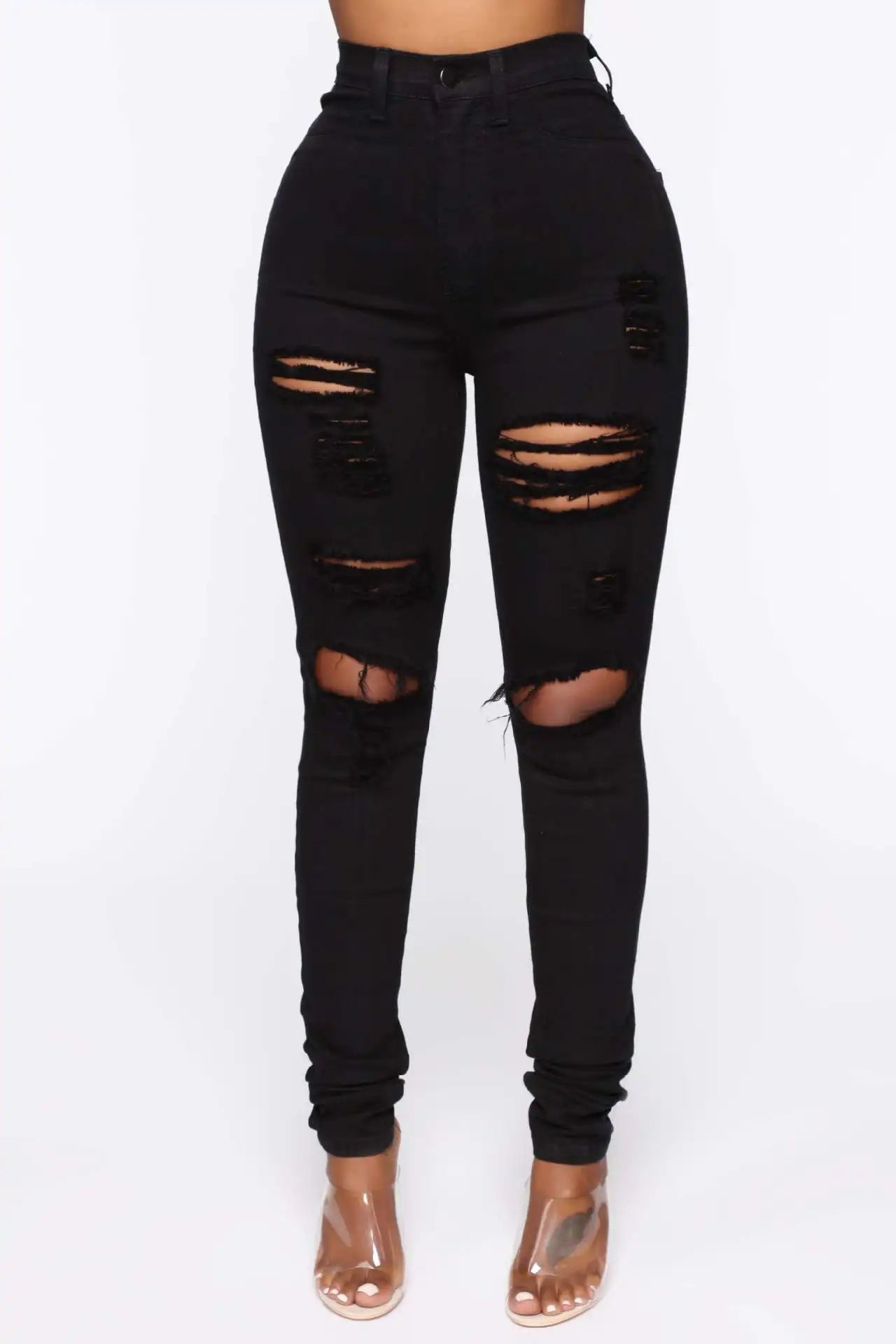 Women Fashion High Waist Denim Ripped Slim Stretch Jeans XS-XL