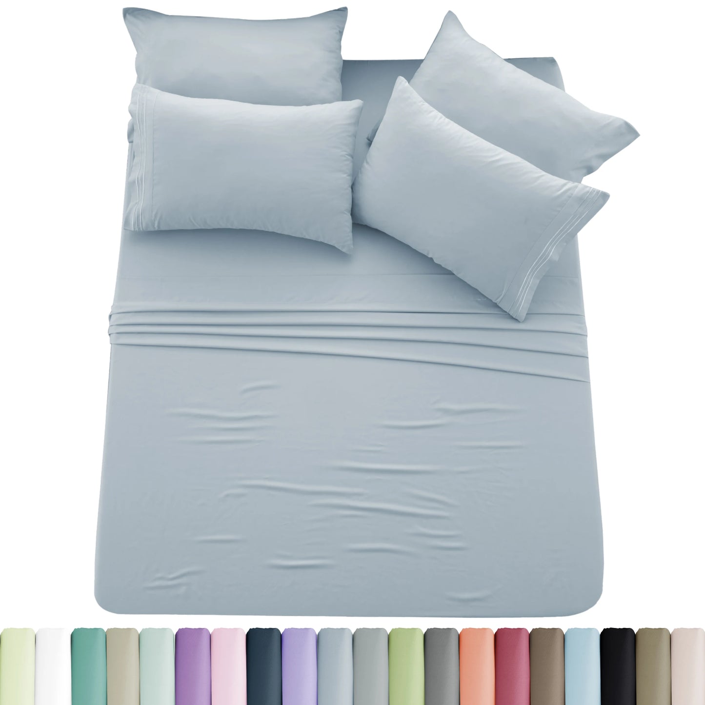 Lux Décor 6pc Solid Sheet Set - Brushed Microfiber Bed Sheets 16 Inches Deep Pockets - Embroidered & Plain Pillowcases