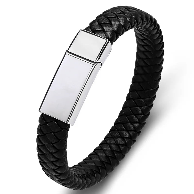 Personalized Black Leather Explorer Bracelet For Men Custom Engraved Name Date Strong Magnetic Clasps Bracelet Father's Day Gift