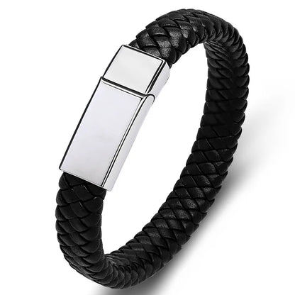 Personalized Black Leather Explorer Bracelet For Men Custom Engraved Name Date Strong Magnetic Clasps Bracelet Father's Day Gift