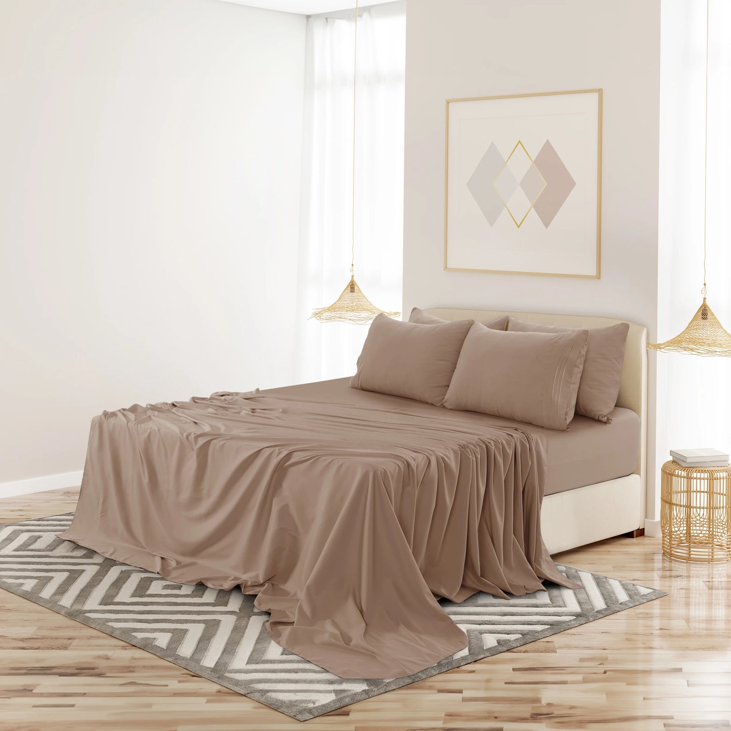 Lux Décor 6pc Solid Sheet Set - Brushed Microfiber Bed Sheets 16 Inches Deep Pockets - Embroidered & Plain Pillowcases