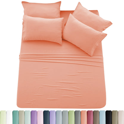 Lux Décor 6pc Solid Sheet Set - Brushed Microfiber Bed Sheets 16 Inches Deep Pockets - Embroidered & Plain Pillowcases