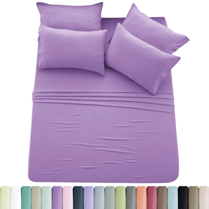 Lux Décor 6pc Solid Sheet Set - Brushed Microfiber Bed Sheets 16 Inches Deep Pockets - Embroidered & Plain Pillowcases