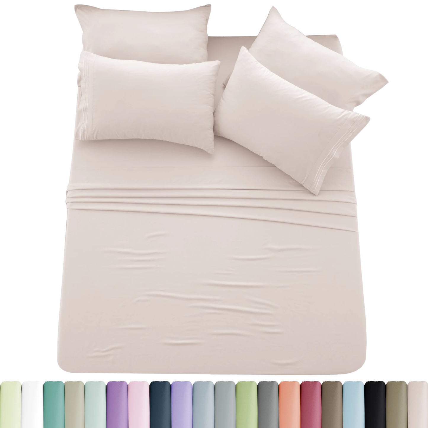 Lux Décor 6pc Solid Sheet Set - Brushed Microfiber Bed Sheets 16 Inches Deep Pockets - Embroidered & Plain Pillowcases