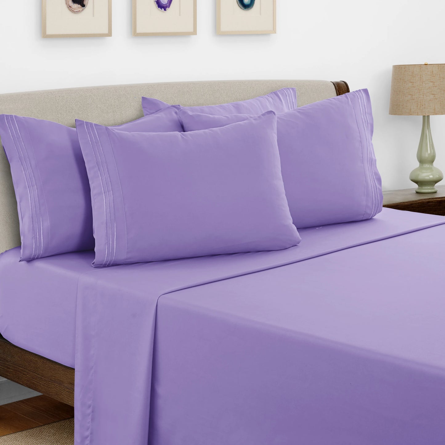 Lux Décor 6pc Solid Sheet Set - Brushed Microfiber Bed Sheets 16 Inches Deep Pockets - Embroidered & Plain Pillowcases