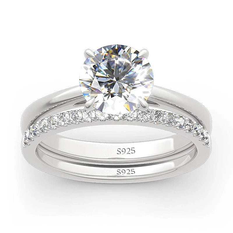 2 Carat All Moissanite Ring Bridal Sets Silver 925 Solitaire Engagement Wedding Rings & Stackable Eternity Bands for Women