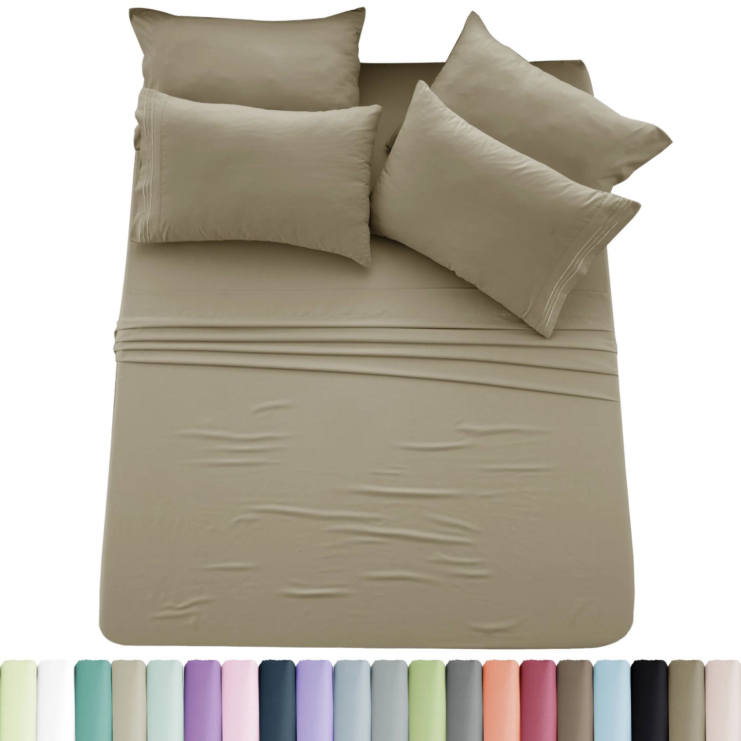 Lux Décor 6pc Solid Sheet Set - Brushed Microfiber Bed Sheets 16 Inches Deep Pockets - Embroidered & Plain Pillowcases