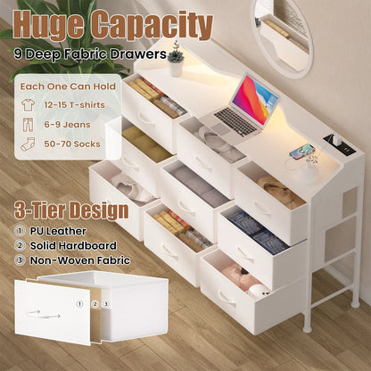 Dresser for Bedroom, 9 Drawers Dresser with LED Lights & Charging Station-White