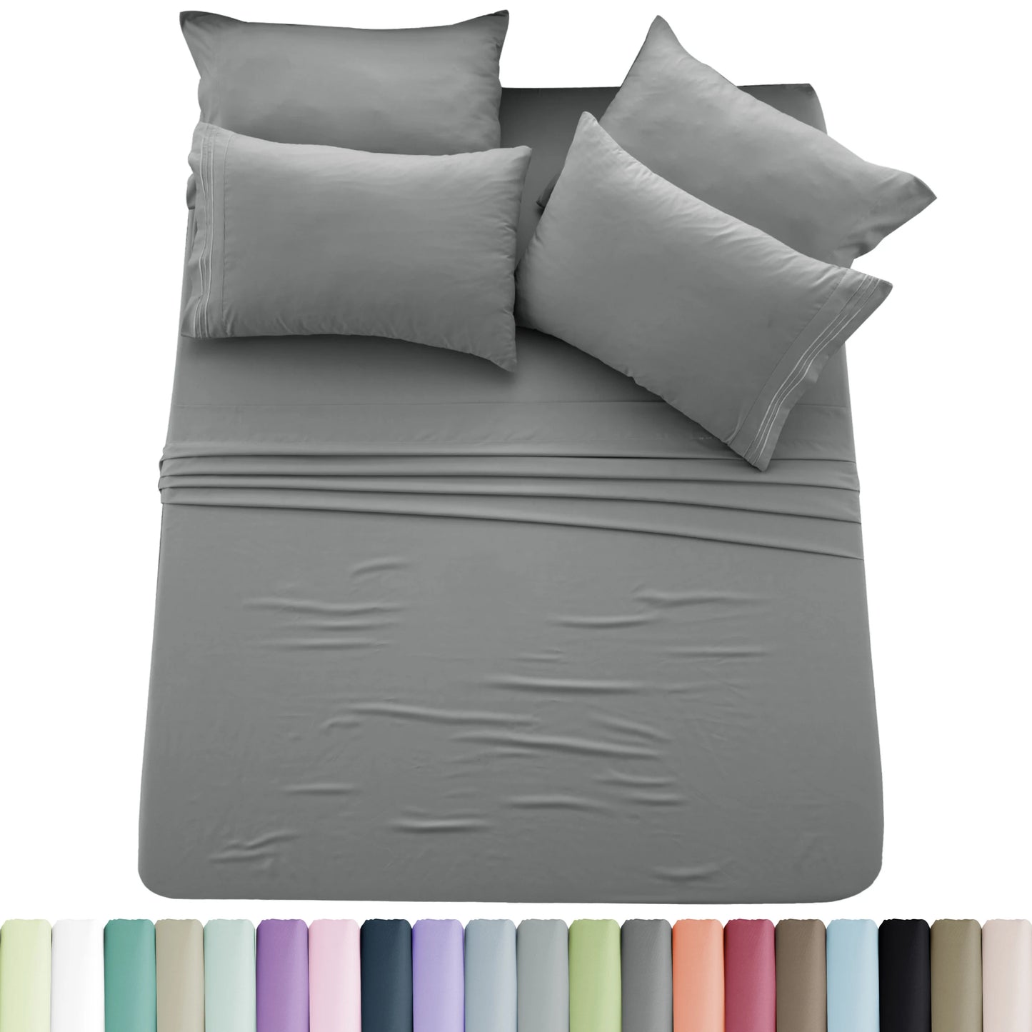 Lux Décor 6pc Solid Sheet Set - Brushed Microfiber Bed Sheets 16 Inches Deep Pockets - Embroidered & Plain Pillowcases