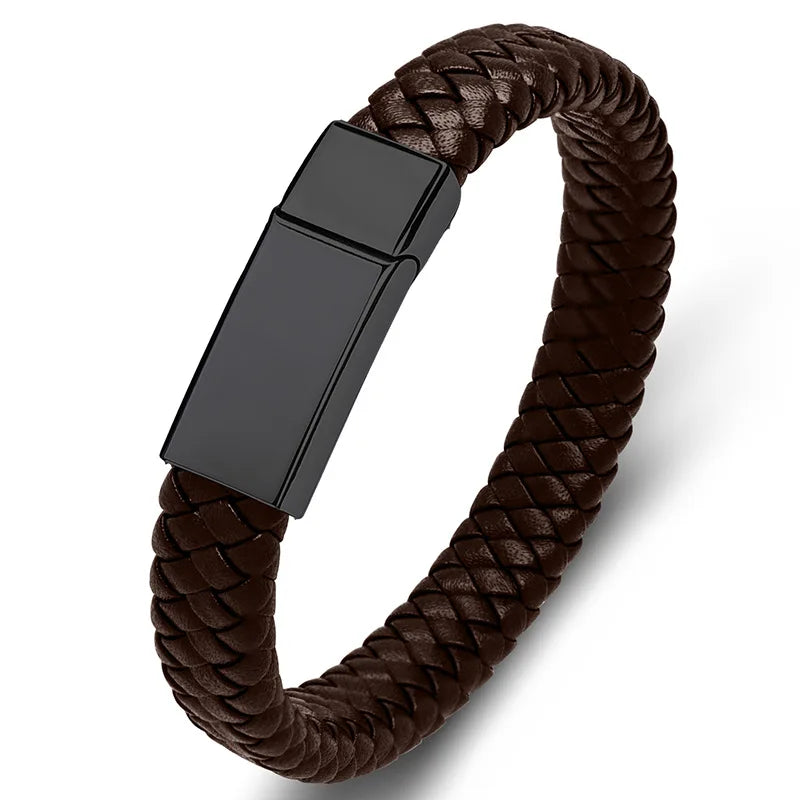Personalized Black Leather Explorer Bracelet For Men Custom Engraved Name Date Strong Magnetic Clasps Bracelet Father's Day Gift
