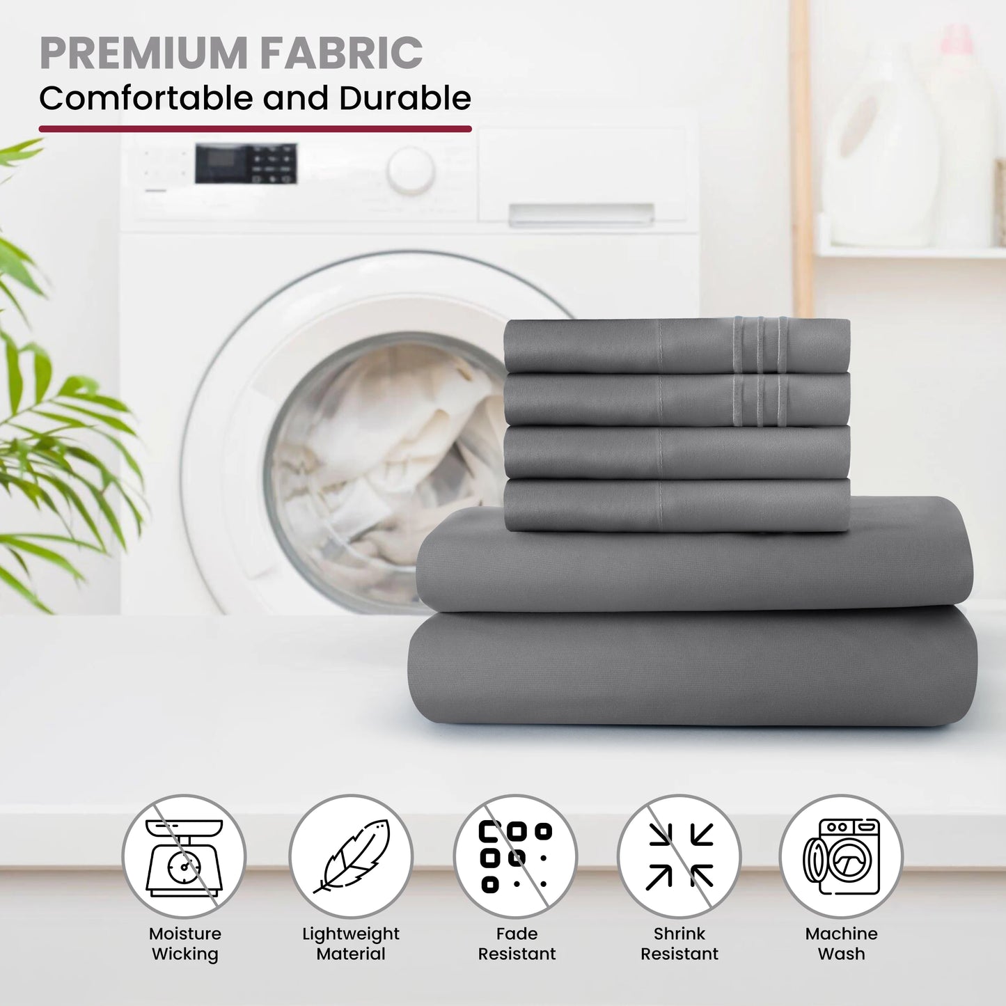 Lux Décor 6pc Solid Sheet Set - Brushed Microfiber Bed Sheets 16 Inches Deep Pockets - Embroidered & Plain Pillowcases