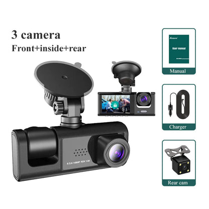 3 Channel Dash Cam Front and Rear Inside 1080P 3 Way Triple Car Camera with IR Night Vision Loop Recording