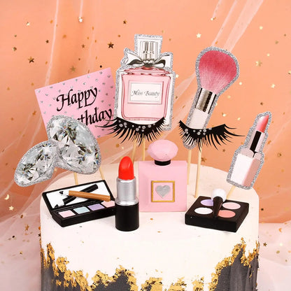 4 Pack Make up Cake Toppers Resin Cosmetics Lipstick Perfume Bottle Cake Decorations for Makeup Theme Birthday Party Supplies