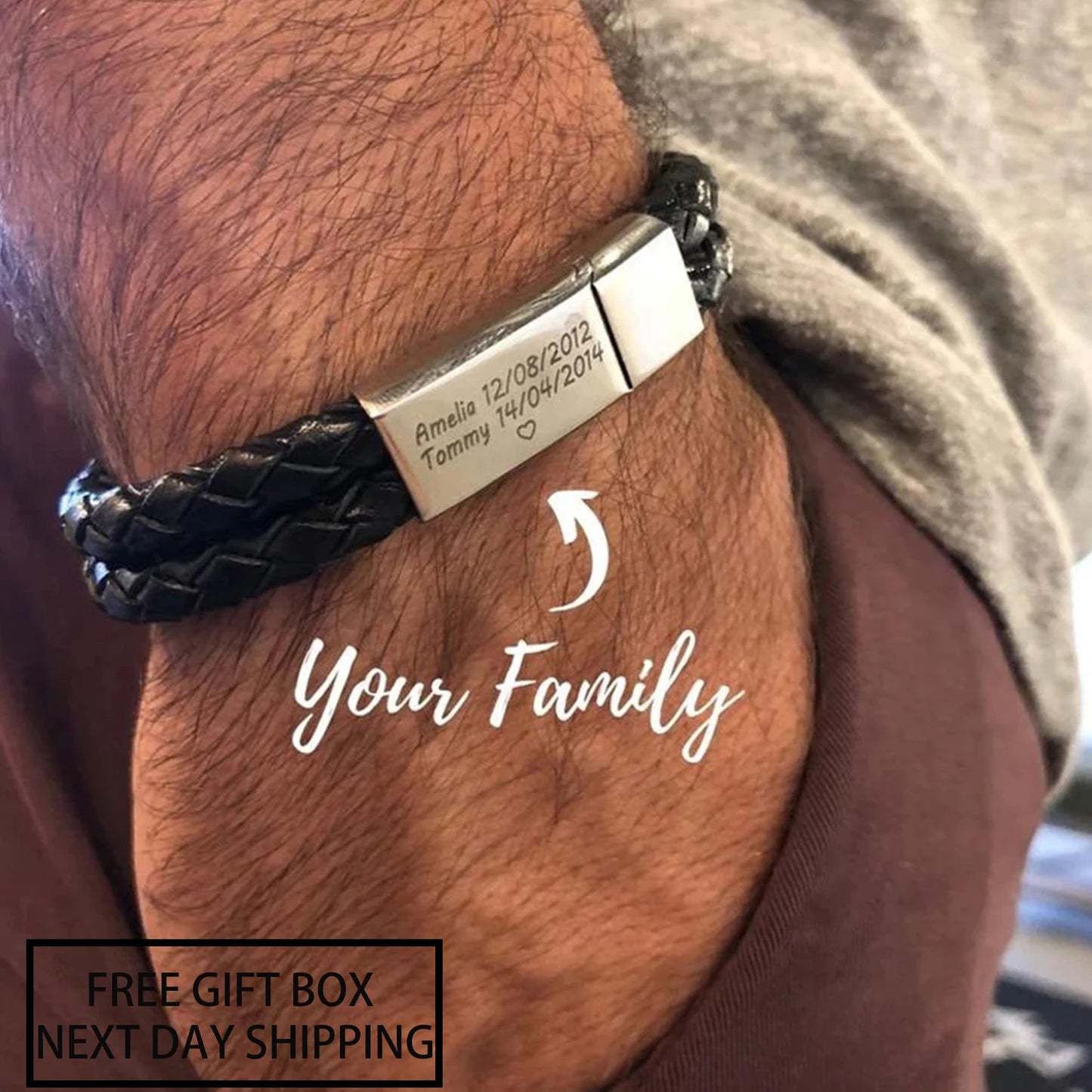Personalized Black Leather Explorer Bracelet For Men Custom Engraved Name Date Strong Magnetic Clasps Bracelet Father's Day Gift