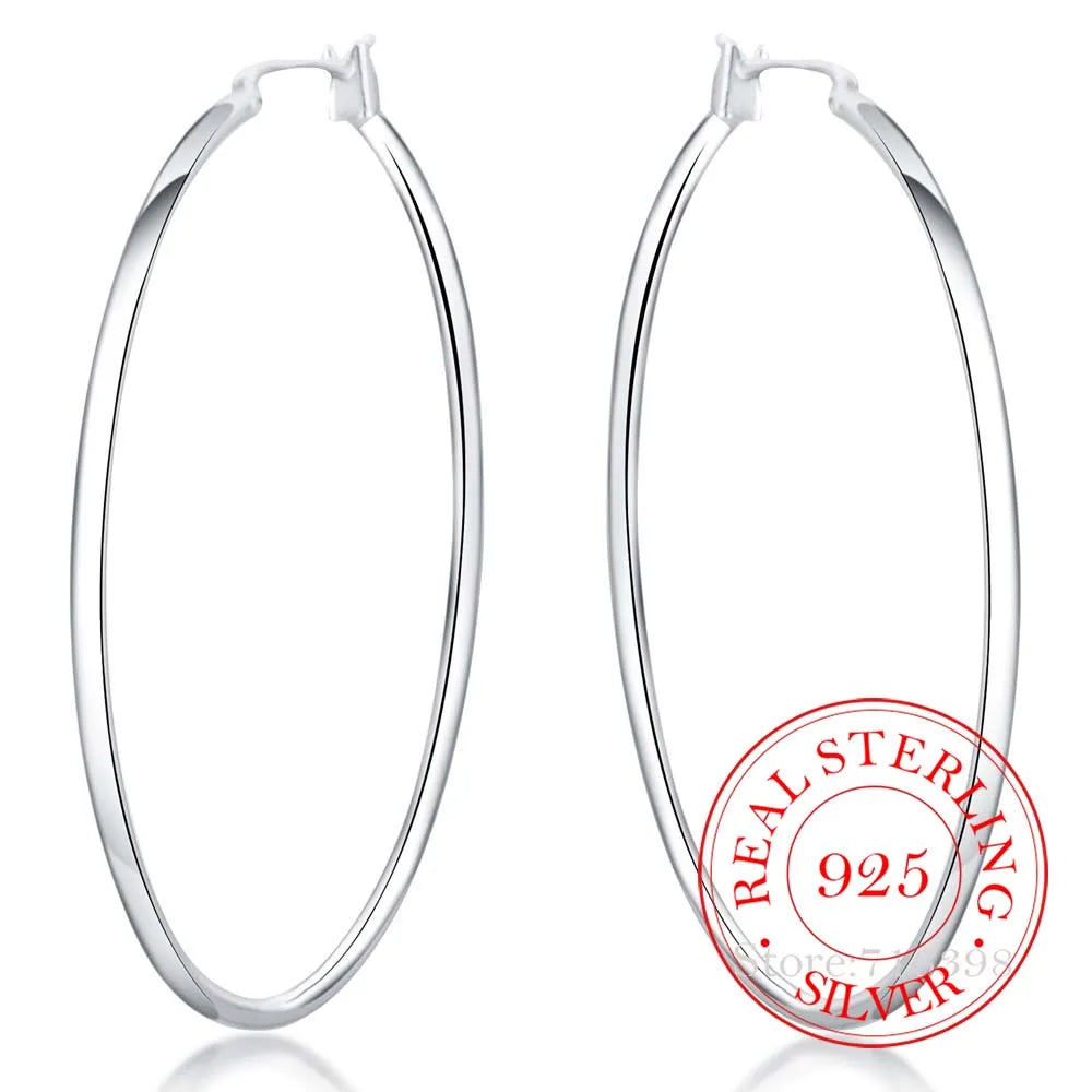 100% 925 Sterling Silver Hoop Earrings – Korean Smooth Big Circle Vintage Style for Women, Party & Wedding Jewelry Gift