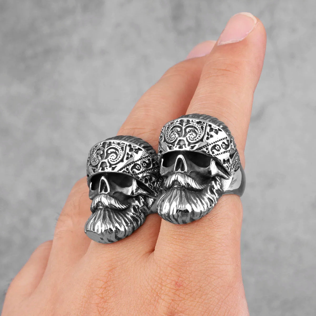 Big Beard Hippie Skull Ring – Stainless Steel Punk Biker Jewelry for Men, Cool Hip‑Hop Style Gift